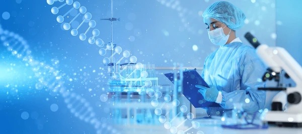 Researcher with laboratory test tubes